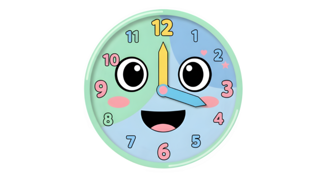 Cute cartoon clock with happy face isolated on transparent background showing the time