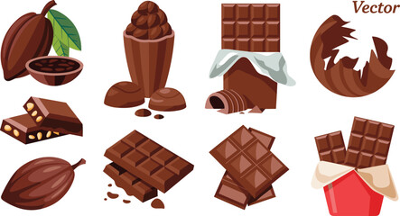 Chocolate and Cocoa Vector Set Featuring Bars, Truffles, Pods, Nuts, and Desserts for Confectionery, Food Design, Packaging, and Illustration