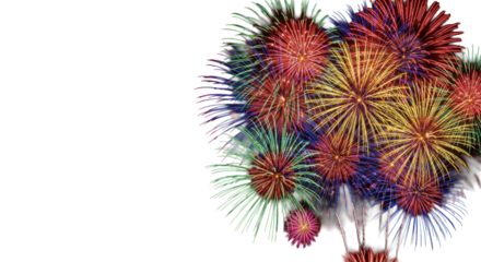 Vibrant red, orange, yellow, green, blue, pink fireworks explode with spherical bursts & cascading tails, long-exposure trails on dark night sky with left copy space, festive celebration atmosphere