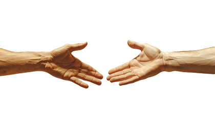 Two hands, one light, one dark, reaching towards each other on a black background
