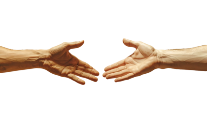 Two hands, one light, one dark, reaching towards each other on a black background