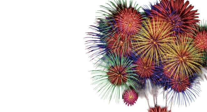 Vibrant red, orange, yellow, green, blue, pink fireworks explode with spherical bursts & cascading tails, long-exposure trails on dark night sky with left copy space, festive celebration atmosphere