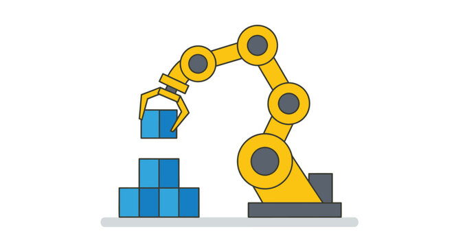 A yellow robotic arm carefully lifting and stacking blue building blocks