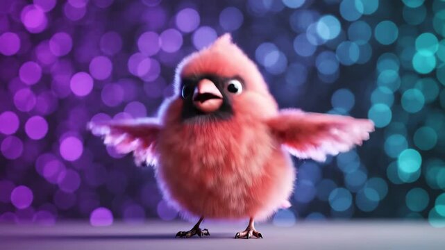 Adorable fluffy red baby cardinal bird with wings spread wide, dancing happily against a vibrant purple and teal bokeh background