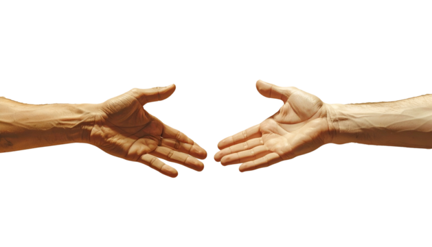 Two hands, one light, one dark, reaching towards each other on a black background