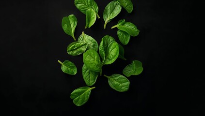 Verdant Array. Fresh Green Leaves on a Dark Void Canvas, An Organic Still Life.