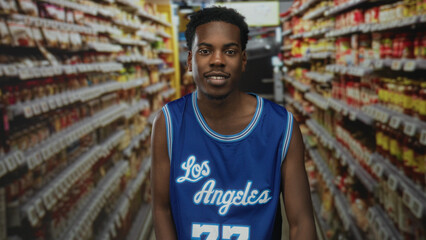 Man wearing blue jersey blows kiss with hand in supermarket building aisle surrounded by shelves and products; affection moment.