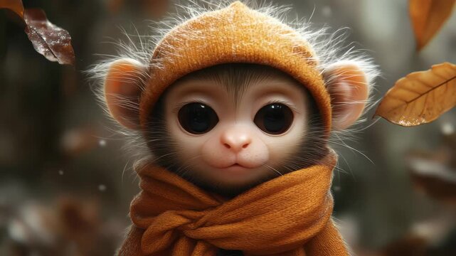 Cute monkey wearing a cozy orange scarf in autumn foliage, captivating gaze in a forest environment