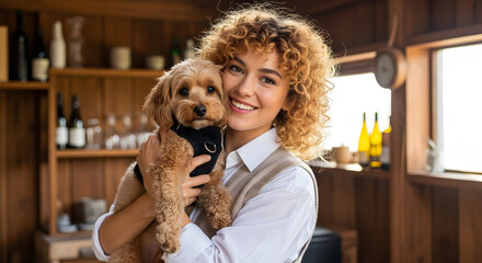 A smiling woman with curly hair embraces her adorable poodle mix dog indoors with love