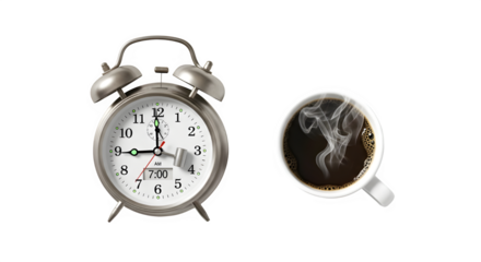 Alarm clock and cup of coffee isolated on transparent background, time to wake up and drink