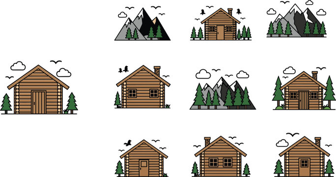 Wooden cabin icon set, forest and mountain scenes, nature house collection, flat vector illustration for travel, outdoor, peaceful, decorative design