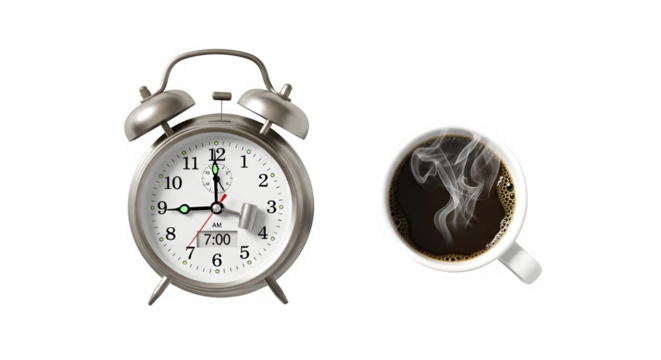 Alarm clock and cup of coffee isolated on transparent background, time to wake up and drink