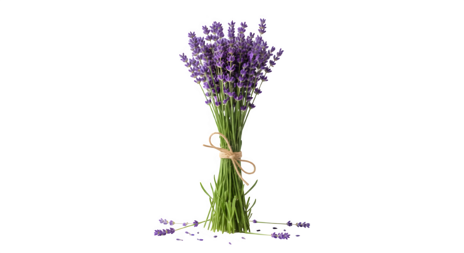 A beautiful bouquet of fresh lavender flowers tied with twine, isolated on transparent background, showcasing their vibrant purple color and delicate texture in a minimalist composition