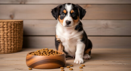 Adorable puppy of entlebucher mountain dog sitting near bowl with dog food indoors