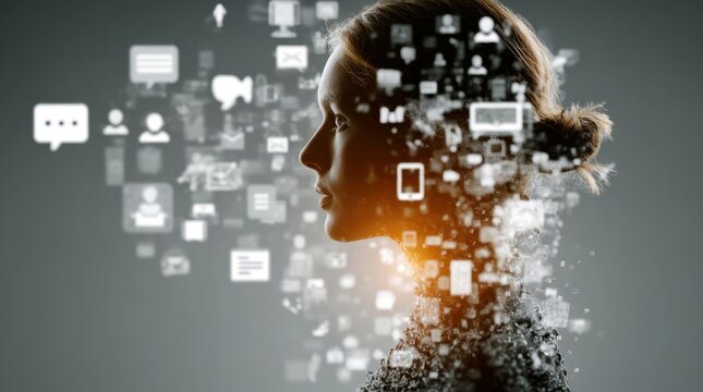 Woman integrating social media and digital technology concepts - Powered by Adobe