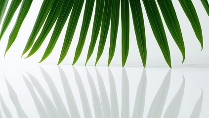 Vertical Green Fronds Above Reflected Shapes, Simple Background, Abstract Form.
