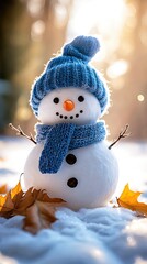 Cute snowman in winter scarf and hat on snowy background with warm holiday lights