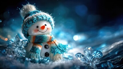 Obraz premium Cute snowman in winter scarf and hat on snowy background with warm holiday lights