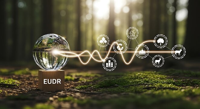 Global environmental data network connecting to various ecological icons, symbolizing sustainability and digital transformation in nature