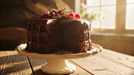 Decadent Chocolate Cake with Berries - A delicious-looking three-layered chocolate cake, covered in rich chocolate ganache and decorated with fresh raspberries and chocolate shavings, is presented on - Powered by Adobe