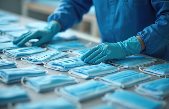 Worker in blue protective suit, gloves arranges many medical masks on table. Employee organizes new face coverings in clean room. Factory production line prepares essential surgical masks for public