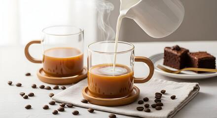 Pouring milk into a cup of coffee with chocolate cake on a white table