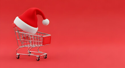 Santa hat on a shopping cart on a red background with copy space for text or design