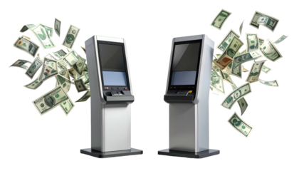 Two silver kiosks with money billowing outwards, suggesting financial transactions