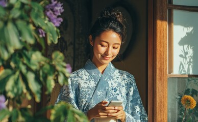 Japanese woman in yukata using smartphone by window