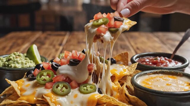 Loaded Nachos with Dips - A close-up shot shows a heaping plate of nachos topped with melted cheese, sour cream, tomatoes, olives, and jalapenos with a hand lifting a chip with a cheesy pull.