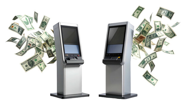 Two silver kiosks with money billowing outwards, suggesting financial transactions - Powered by Adobe