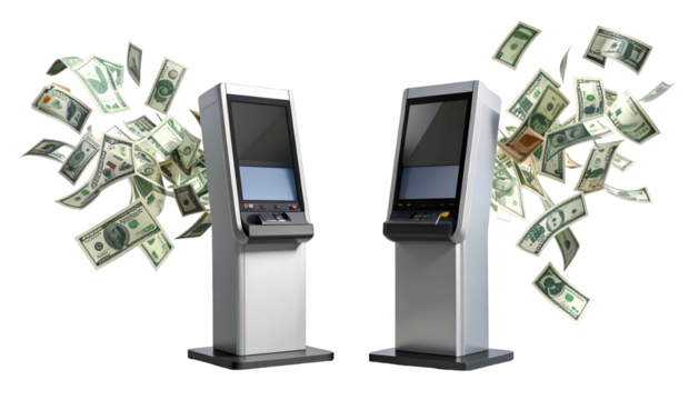 Two silver kiosks with money billowing outwards, suggesting financial transactions