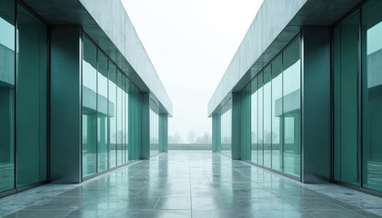 Fototapeta premium Modern minimalist architectural hallway features concrete walls, teal glass panels. Empty outdoor passage reflects clean lines, suggesting future tech, innovation. Grey hazy sky visible over bare