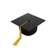 Black graduation cap with yellow tassel isolated on transparent background