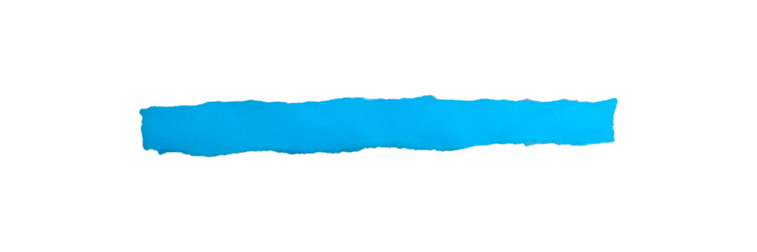 Blank horizontal strip of smooth cyan paper with rough, torn top and bottom edges. Isolated element for text or banner with transparent background.