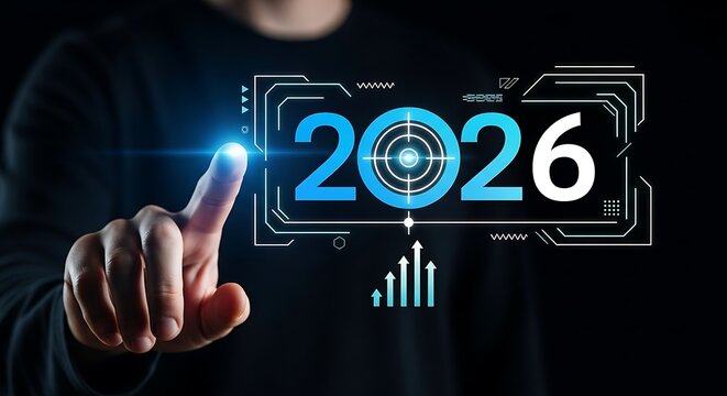 Finger touching screen displaying year 2026 with futuristic interface - Powered by Adobe