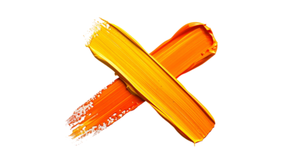 Two intersecting brushstrokes forming an "X" shape, vibrant orange hues on black
