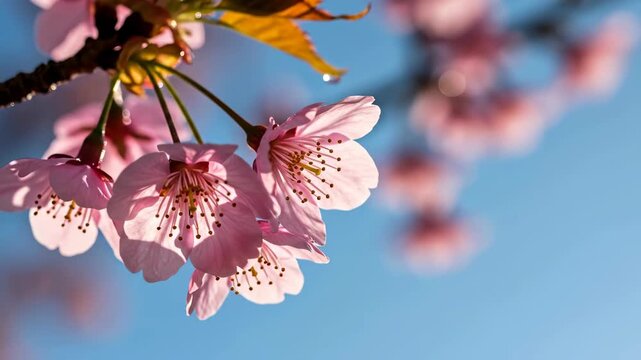 Cluster of pink cherry blossom flowers on a branch with blue sky background blooming under natural daylight footage