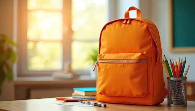 Orange backpack stands on wooden desk with books, pencils, pen. Bright window light illuminates school supplies ready for study. Education concept with colorful items. - Powered by Adobe