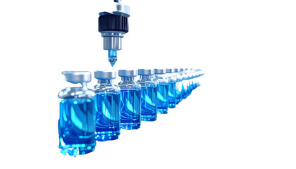 Automated robotic filling of small glass vials with blue liquid, on a stark black background