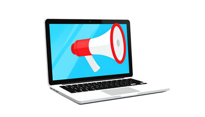 Cartoon laptop displays a megaphone on screen, symbolizing announcement or promotion