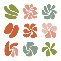 Colorful abstract patterns in various shapes and shades on a simple background