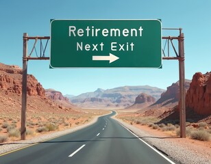 Green highway sign reads Retirement Next Exit with arrow, indicating turning point. Long road winds through vast desert with rugged mountains. Journey towards financial independence, new life