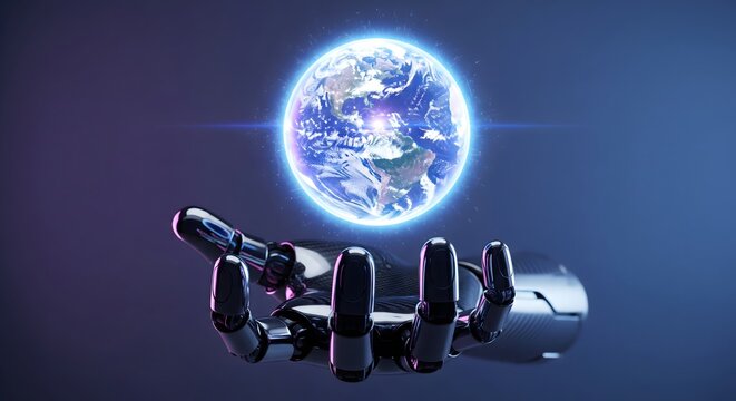 Robotic hand holding a glowing 3D model of Planet Earth in a futuristic technological concept setting with blue and purple light effects.