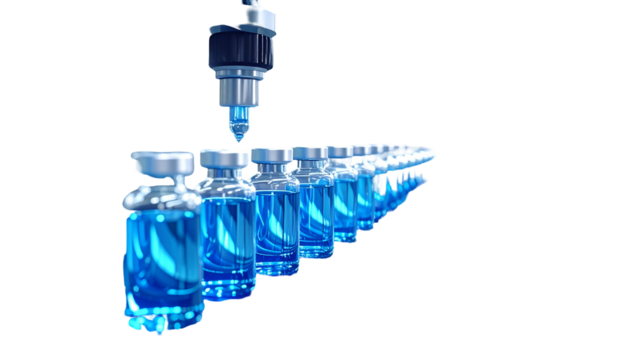 Automated robotic filling of small glass vials with blue liquid, on a stark black background