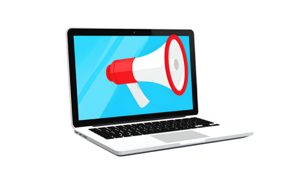 Cartoon laptop displays a megaphone on screen, symbolizing announcement or promotion