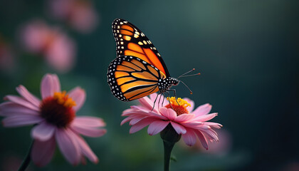 Fototapeta premium Monarch butterfly rests on pink flower petals. Insect has orange black wings detailed pattern. Soft focus background adds to beauty. Nature macro photography.