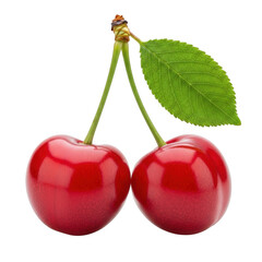 Two ripe red cherries with a green leaf isolated on transparent background