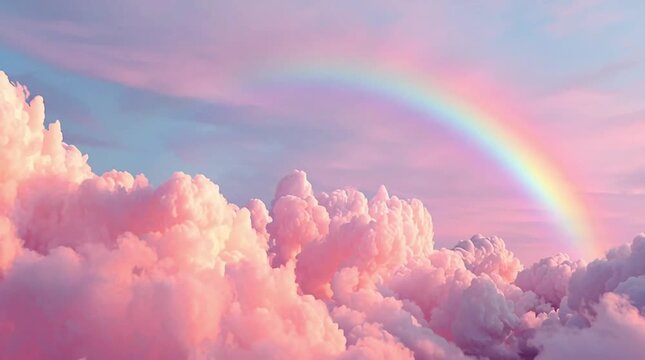 Pastel rainbow sky above pink clouds. Flying above fluffy clouds at sunrise. Rainbow above the clouds.