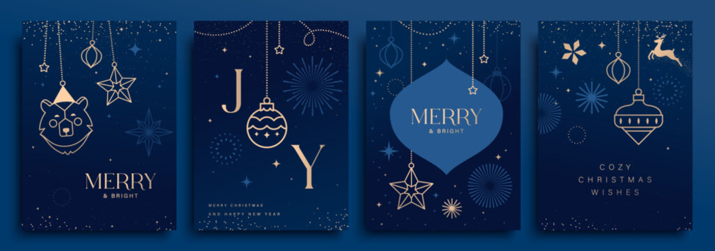 Set of luxury Christmas vector illustration with golden Christmas elements on blue background. Season's greeting design for banner, poster, cover, greeting card.